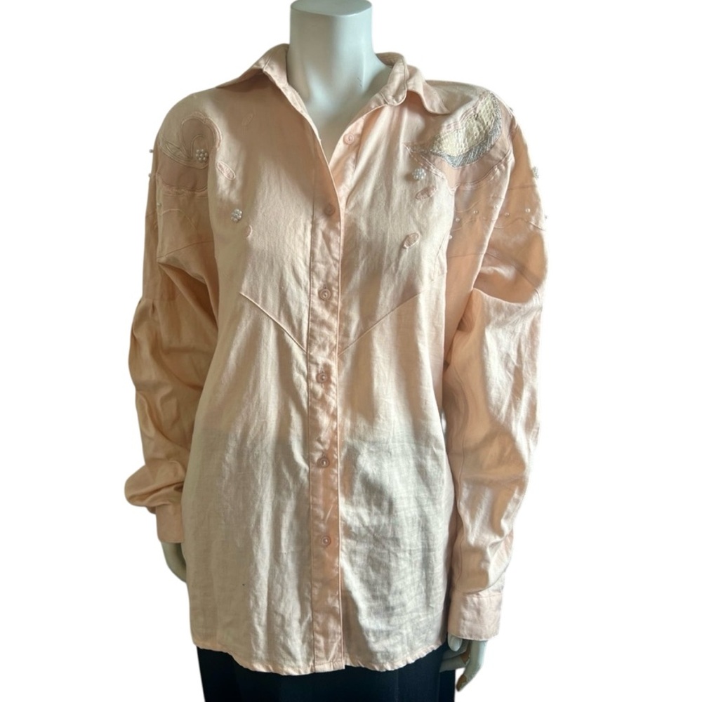 EREZ Women's Peach Embroidered Beaded Linen Long Sleeve Button Up Blouse…
